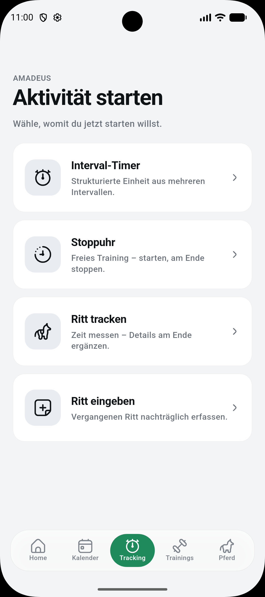 Horselino – Aktivität starten: Intervall-Timer, Stoppuhr, Ritt tracken